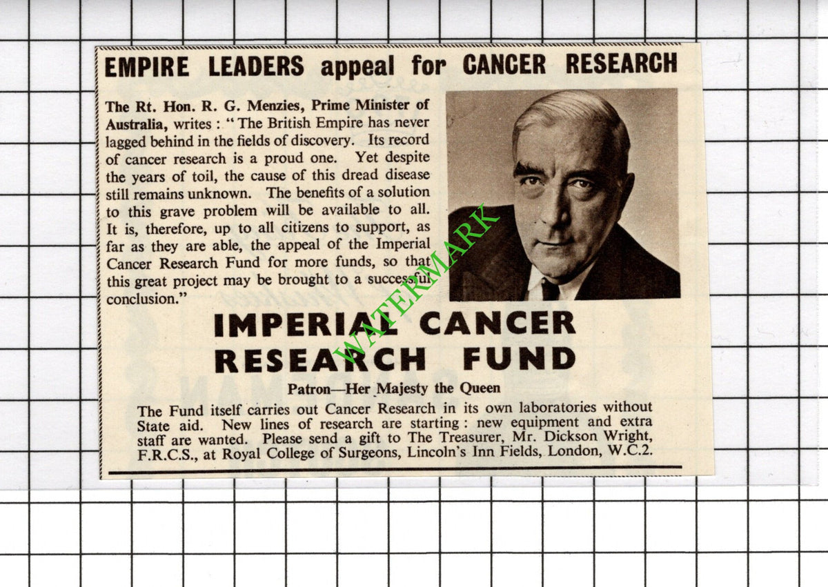 RG Menzies Prime Minister Australia Imperial Cancer Advert - 1954 Small Cutting