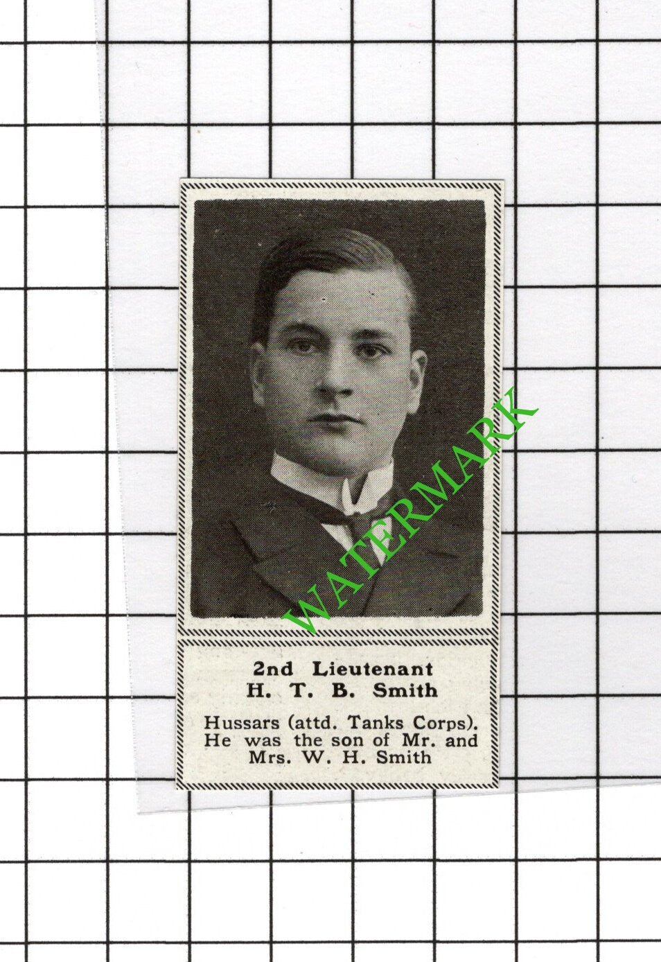 2nd Lt HTB Smith Hussars Great War WW1 - 1918 SMALL Cutting