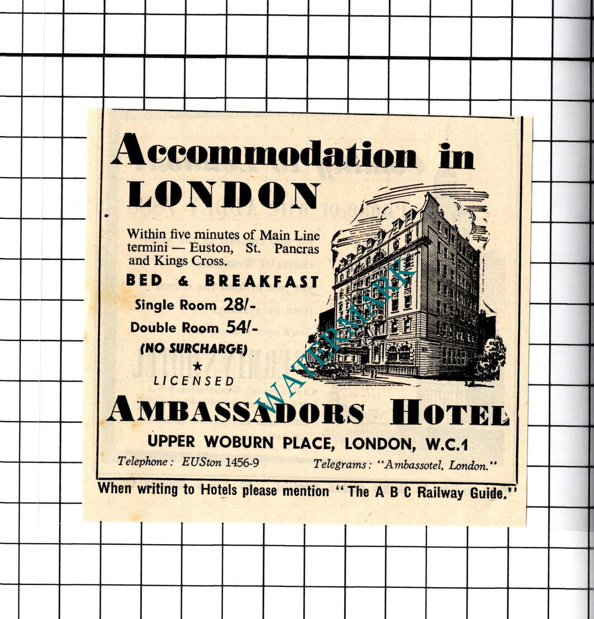 Ambassadors Hotel London Small Advert - 1958 Cutting / Print