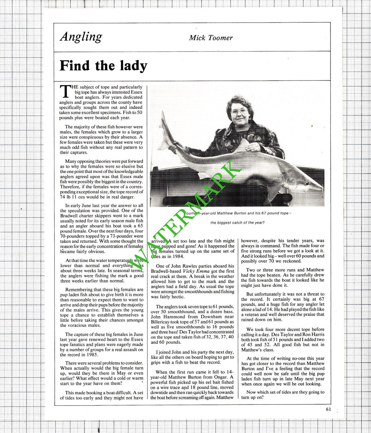 Matthew Burton Ongar Essex Tope Fishing - 1985 Article