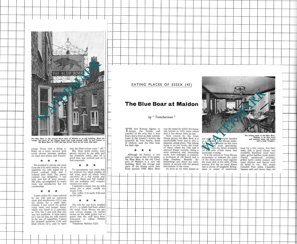 The Blue Boar Maldon Essex -  1967 Two-Part Clipping / Print