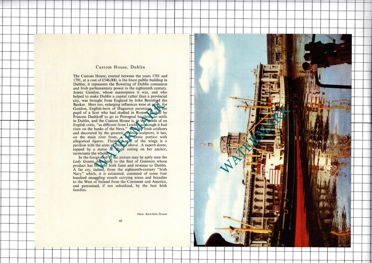 Custom House Dublin Ireland Lady Grania Ship- c.1960's Two-Part  Cutting / Print