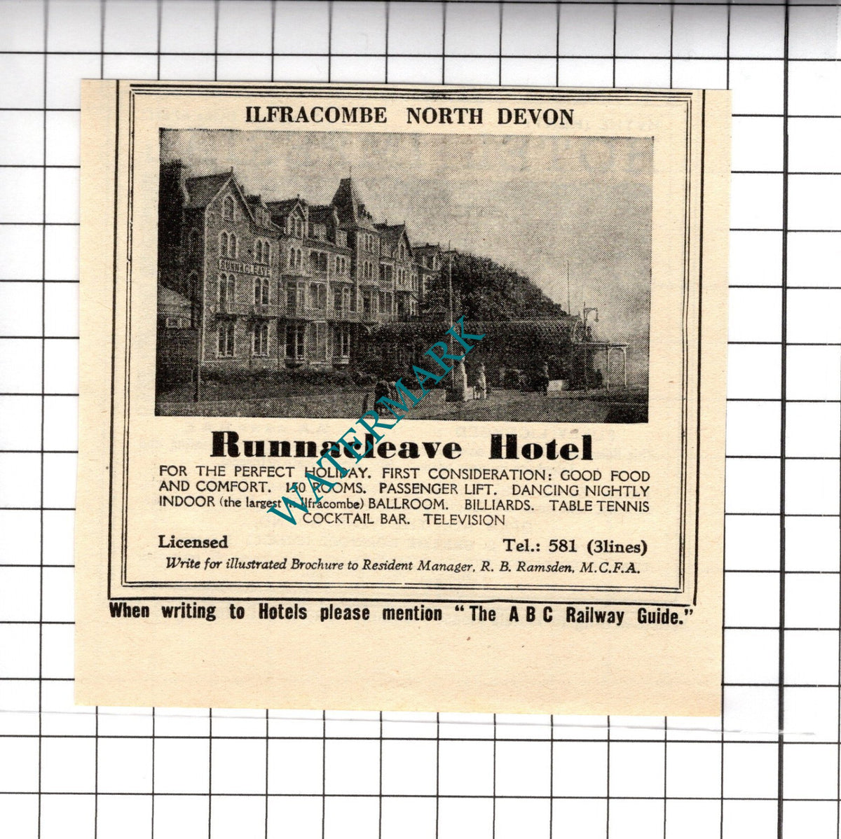 Runnacleave Hotel Ilfracombe Ramsden / Imperial Hythe Horspool - 1958 Cutting
