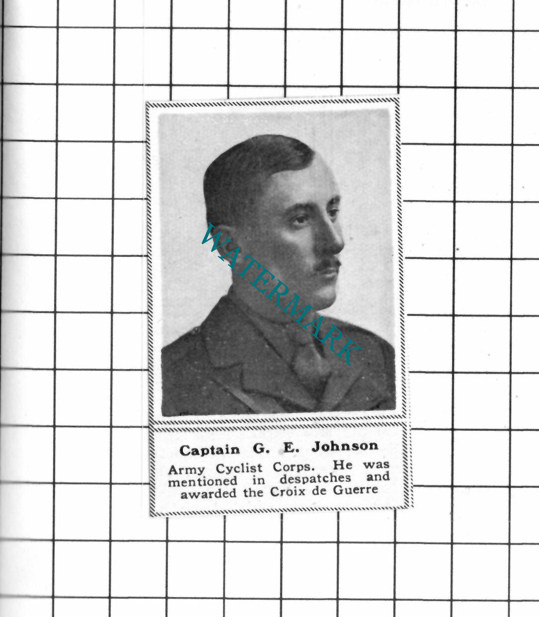 Captain G E Johnson Army Cyclist Corps WW1 - c.1918 SMALL Clipping / Print