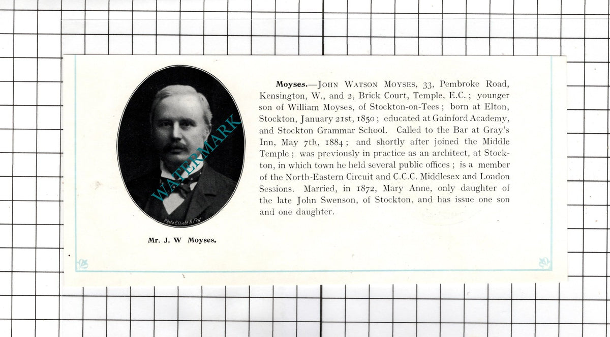 John Watson Moyses Stockton  / Ralph Neville KC Esher Surrey - c.1905 Clipping
