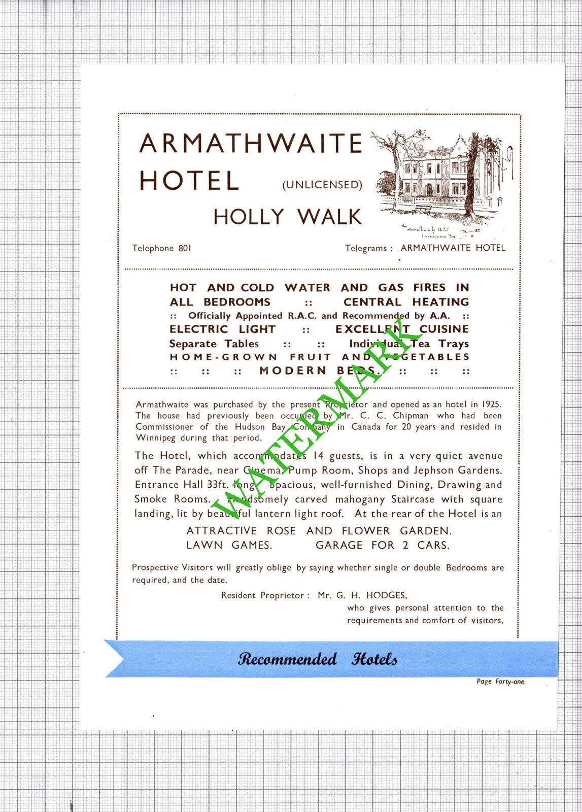 Armathwaite Hotel Leamington Spa  Hodges Avon Court Hotel Advert -1930s Cutting