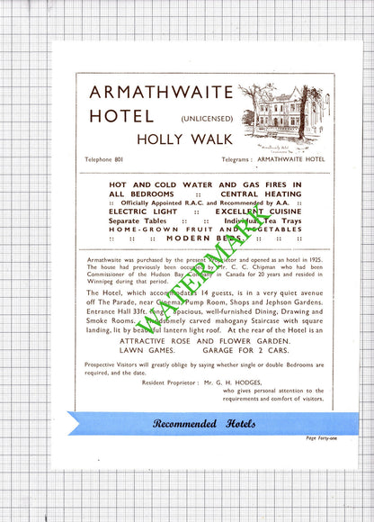 Armathwaite Hotel Leamington Spa  Hodges Avon Court Hotel Advert -1930s Cutting