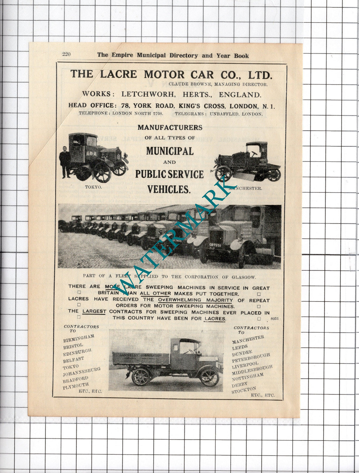 The Lacre Motor Car Co Ltd Letchworth Hertfordshire -see condition - 1927 Advert
