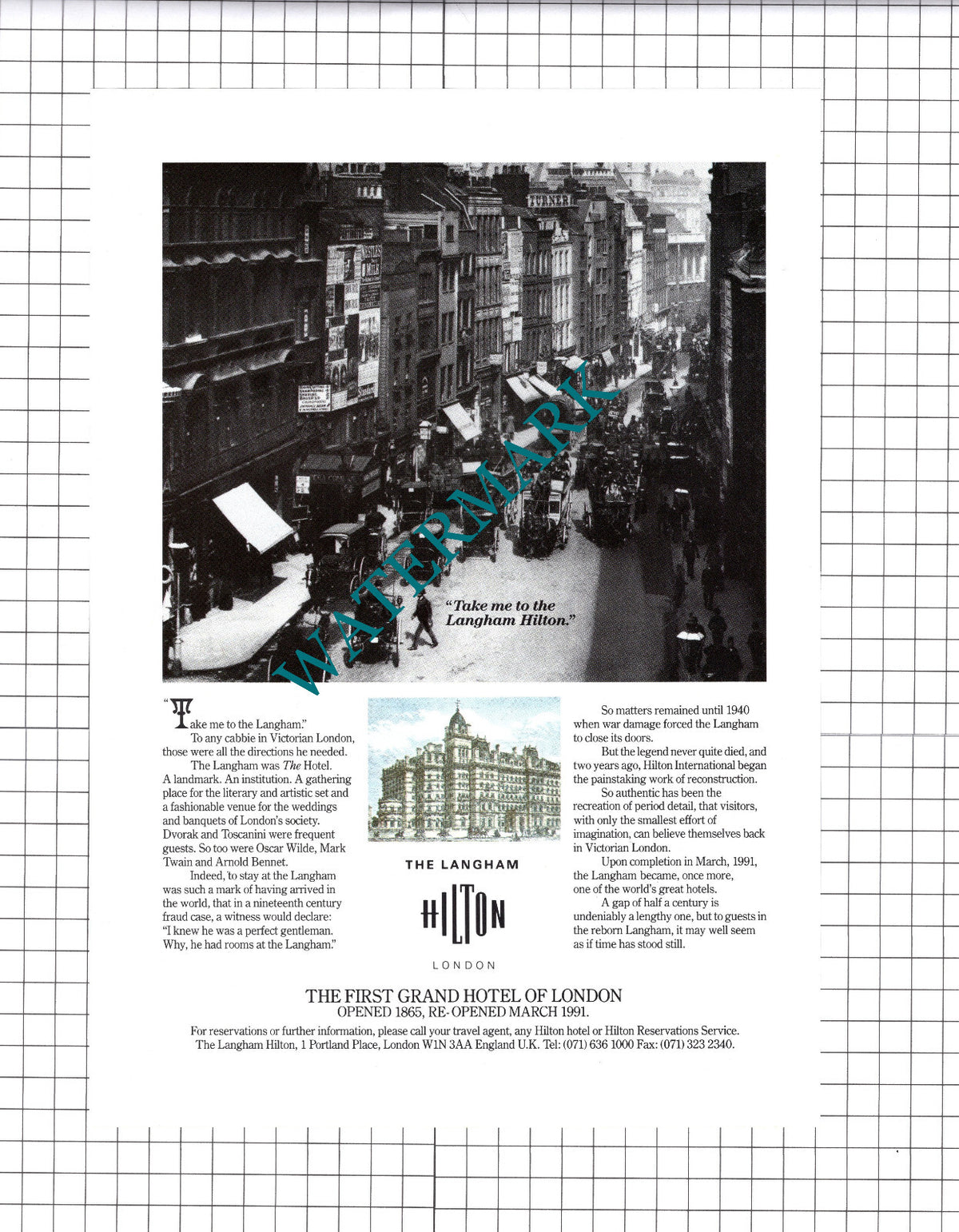 The Langham Hilton Hotel London Advert - 1991 Clipping / Print