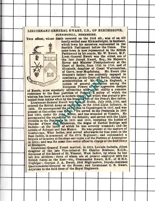 Lt Gen Ewart Beechgrove Sunninghill Obituary -  1854 Clipping