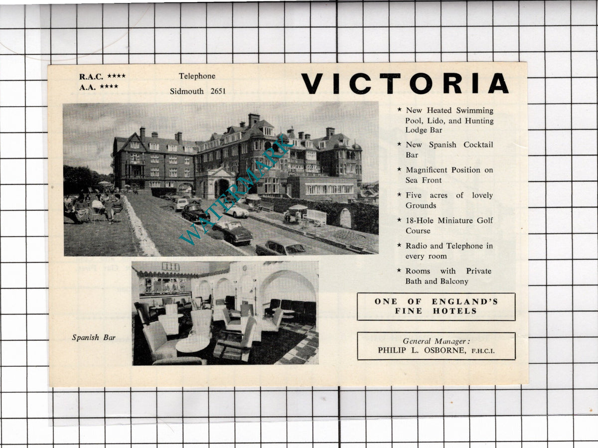 Victoria Hotel Sidmouth Devon Philip Osborne / Royal London Hotel - 1968 ADVERT