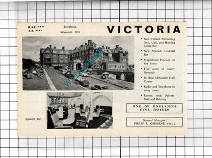 Victoria Hotel Sidmouth Devon Philip Osborne / Royal London Hotel - 1968 ADVERT