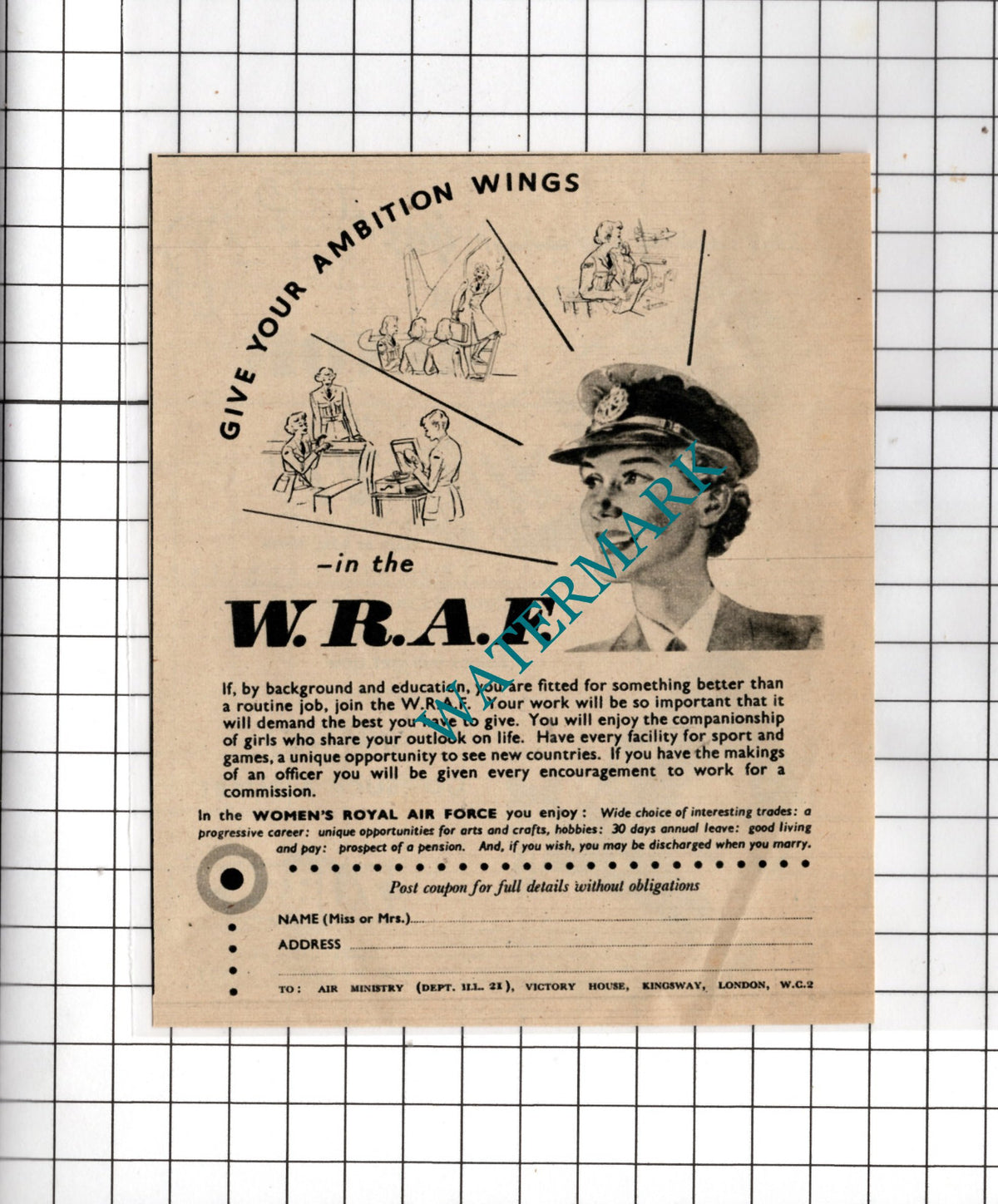 Women's Royal Air Force WRAF - 1950 Small Advert