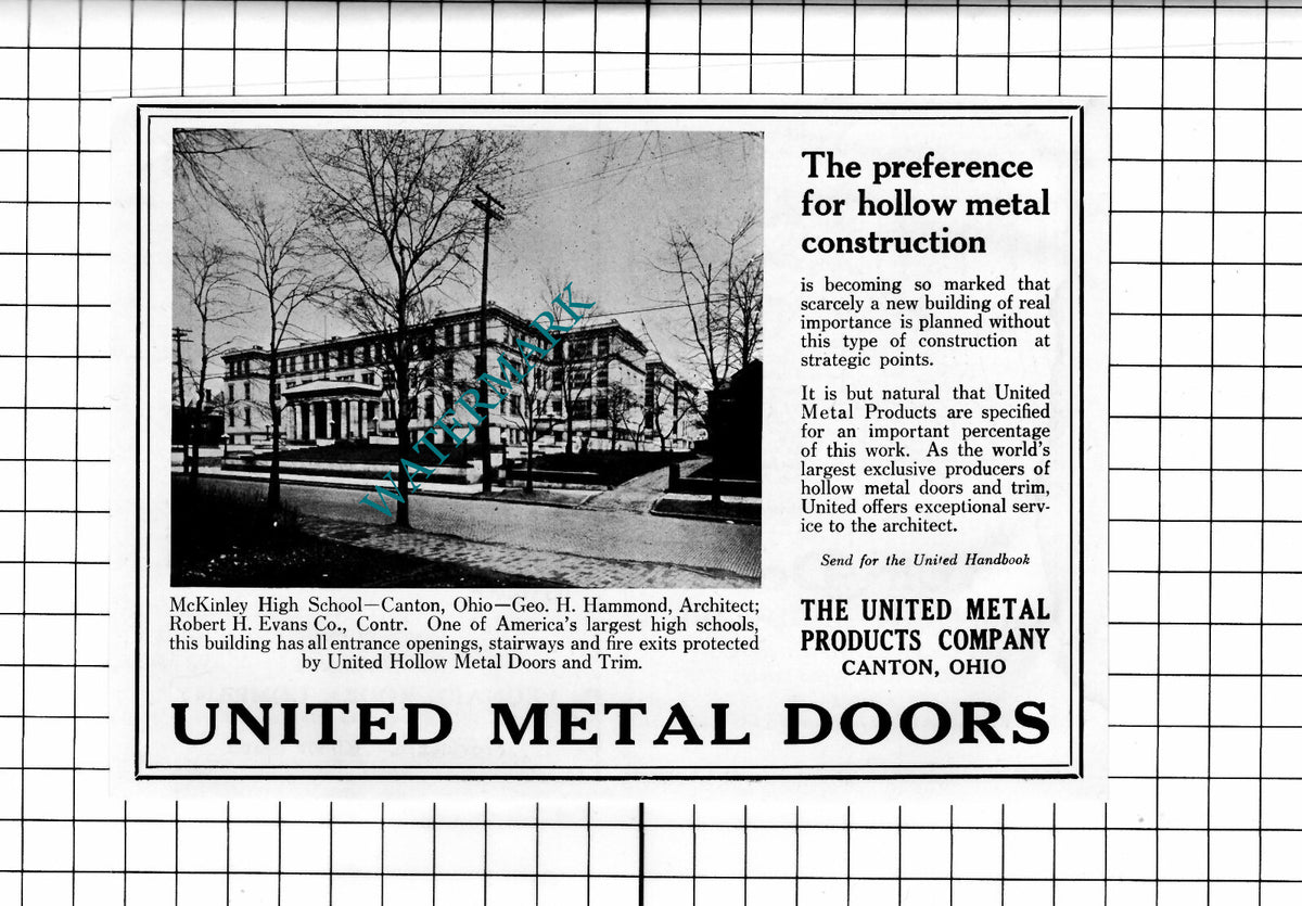 McKinley High School Canton Ohio  United Metal Doors Advert - 1927 Clipping