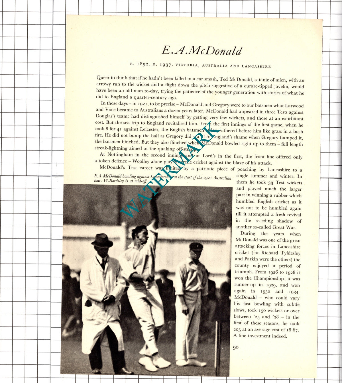 PGH Fender Cricketer /  EA Ted McDonald Cricket - 1952 Book Print