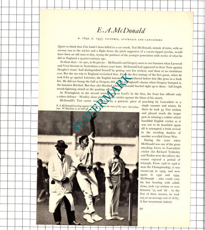 PGH Fender Cricketer /  EA Ted McDonald Cricket - 1952 Book Print