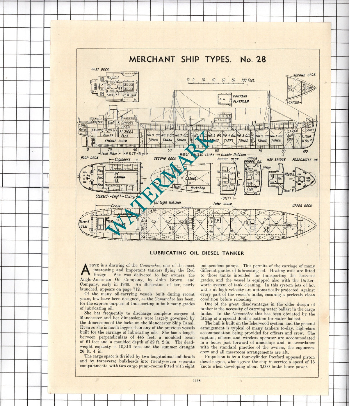 COMANCHEE Ship Diagram   - c.1940's Cutting / Print