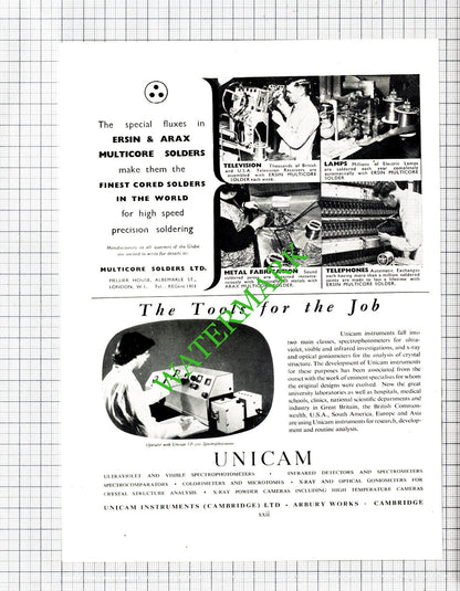 British Shipbuilding / Unicam Cambridge / Multicore Solders Advert -1951 Cutting