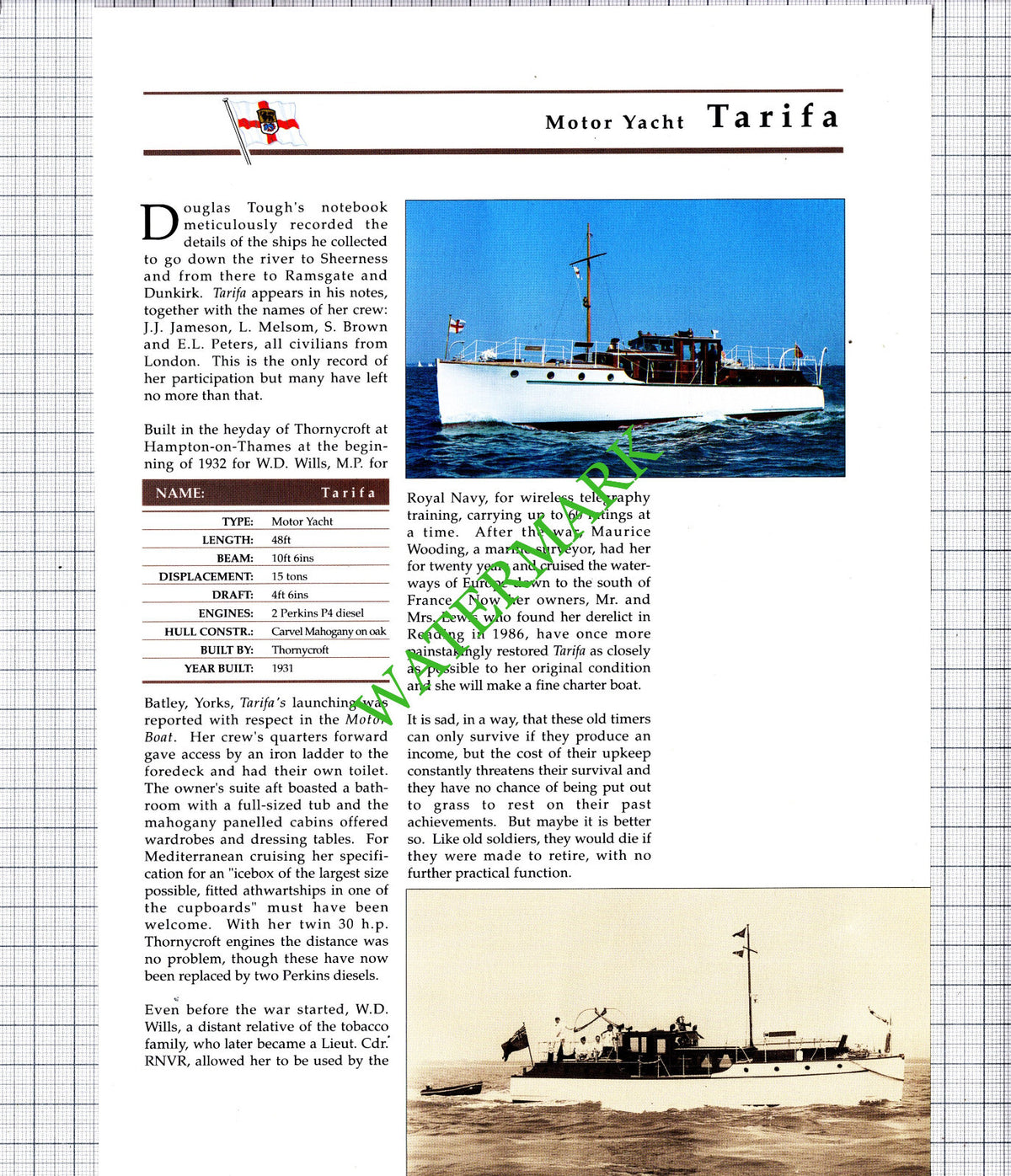 Motor Yacht TARIFA / MERMAIDEN Filleul Frits Rouschop  - 1980's Cutting / Print