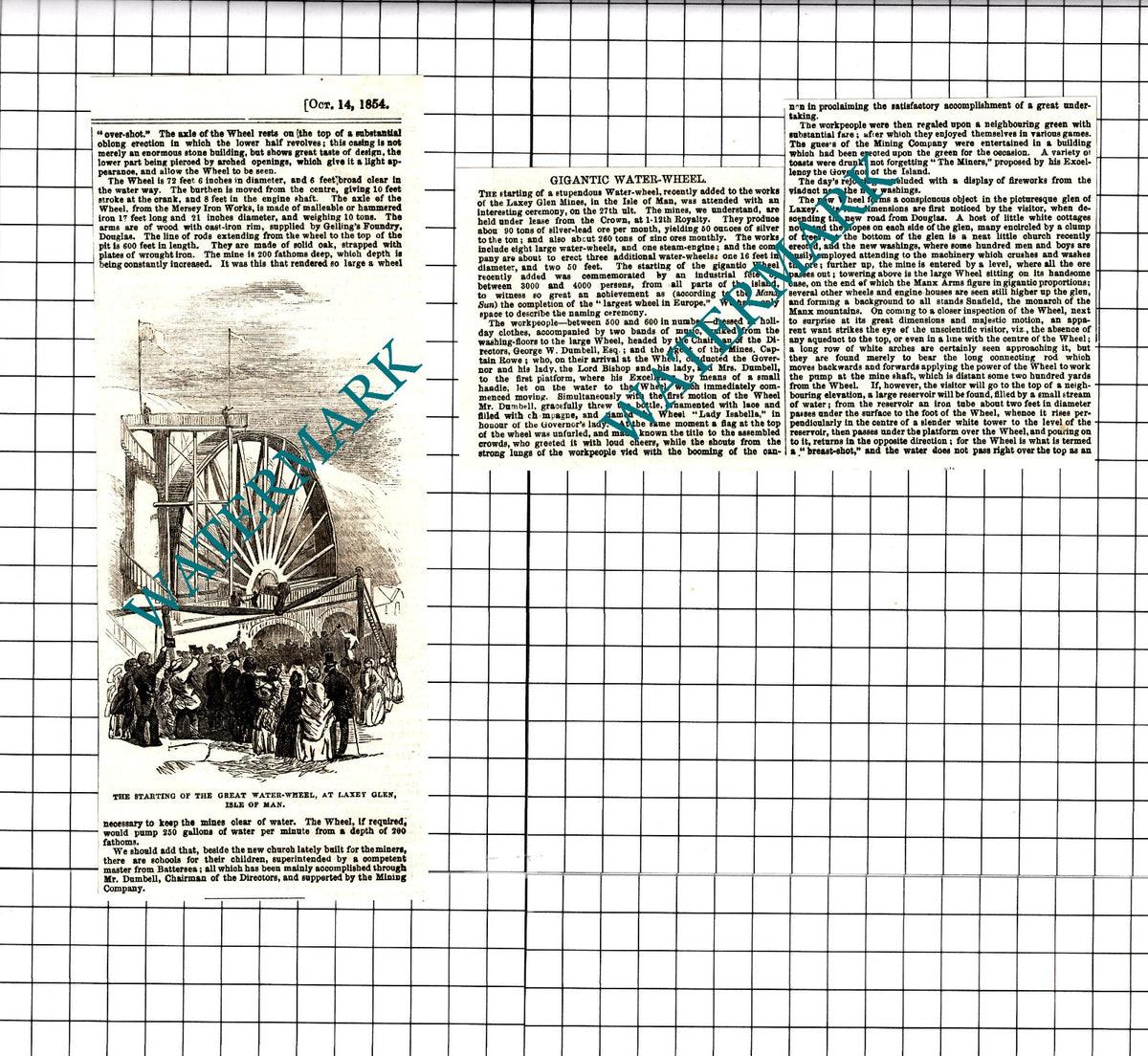 The Laxey Wheel Isle Of Man  -  1854 Two-Part Clipping / Print