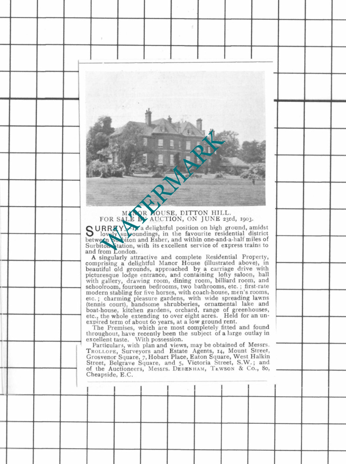 Manor House Ditton Hill Surrey Sale Advert - 1903 SMALL Clipping / Print