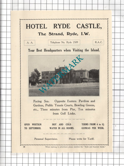 Seaford Hotel Ryde Isle Of Wight / Hotel Ryde Castle Ryde  - 1938 Advert