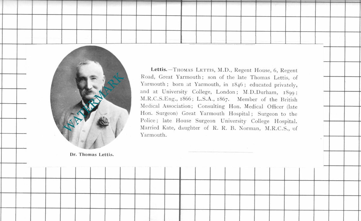 Dr Thomas Lettis Great Yarmouth Norfolk -  1911 Clipping