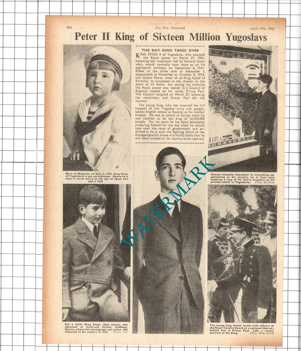 King Peter II Of Yugoslavia   - 1941 Cutting / Print