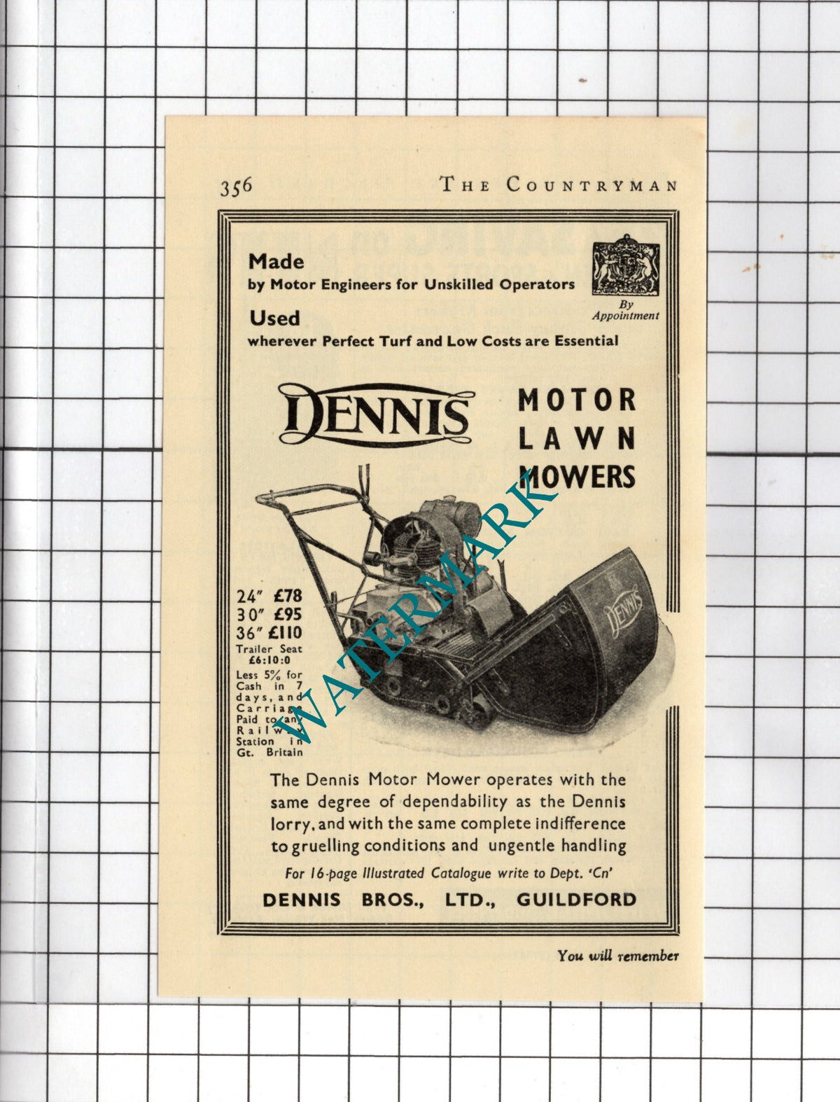 Dennis Lawn Mowers Dennis Bros Ltd Guildford -  1938 Small Advert
