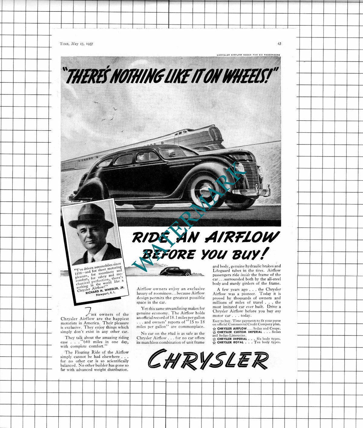 Richard H Wheeler Newport Rhode Island Chrysler Car ADVERT - 1937 Clipping