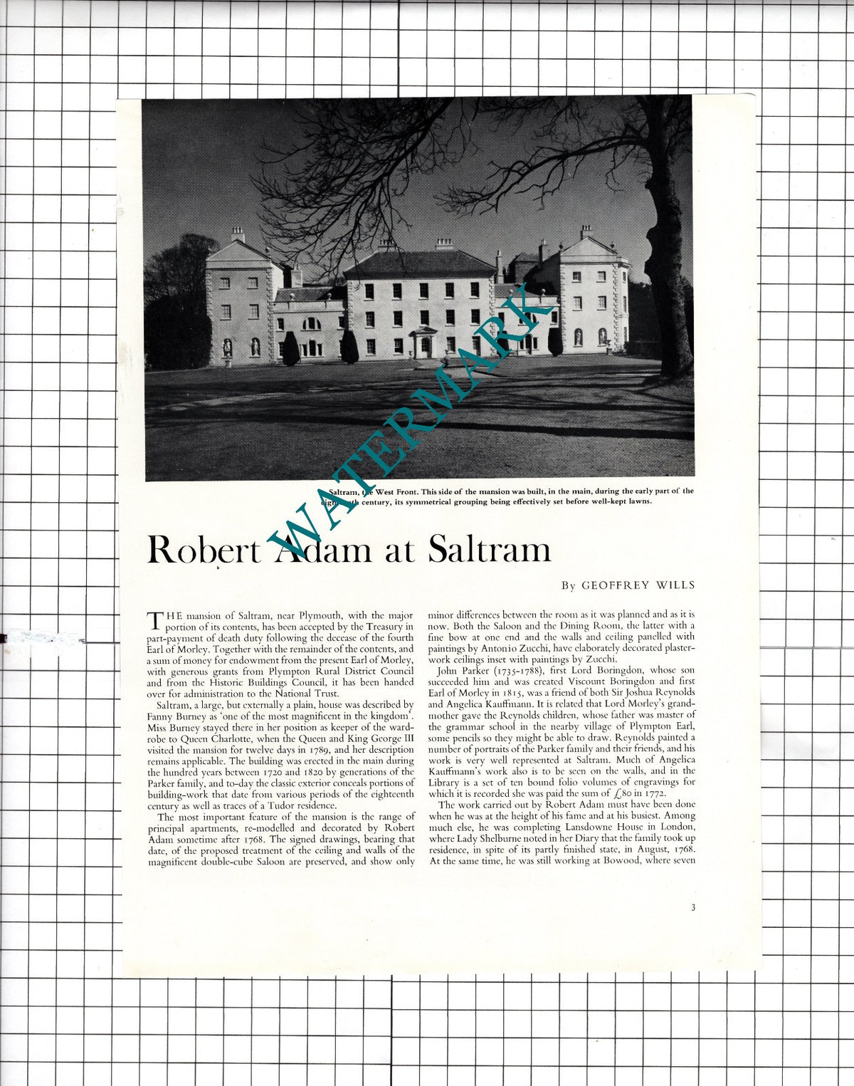 Saltram House Plymouth Devon Robert Adam  - 1958 Article