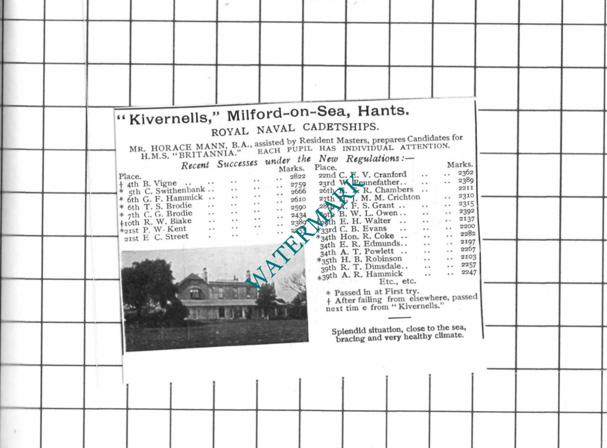 Kivernells Milford On Sea Hampshire Mr Horace Mann  -  1903 SMALL Advert