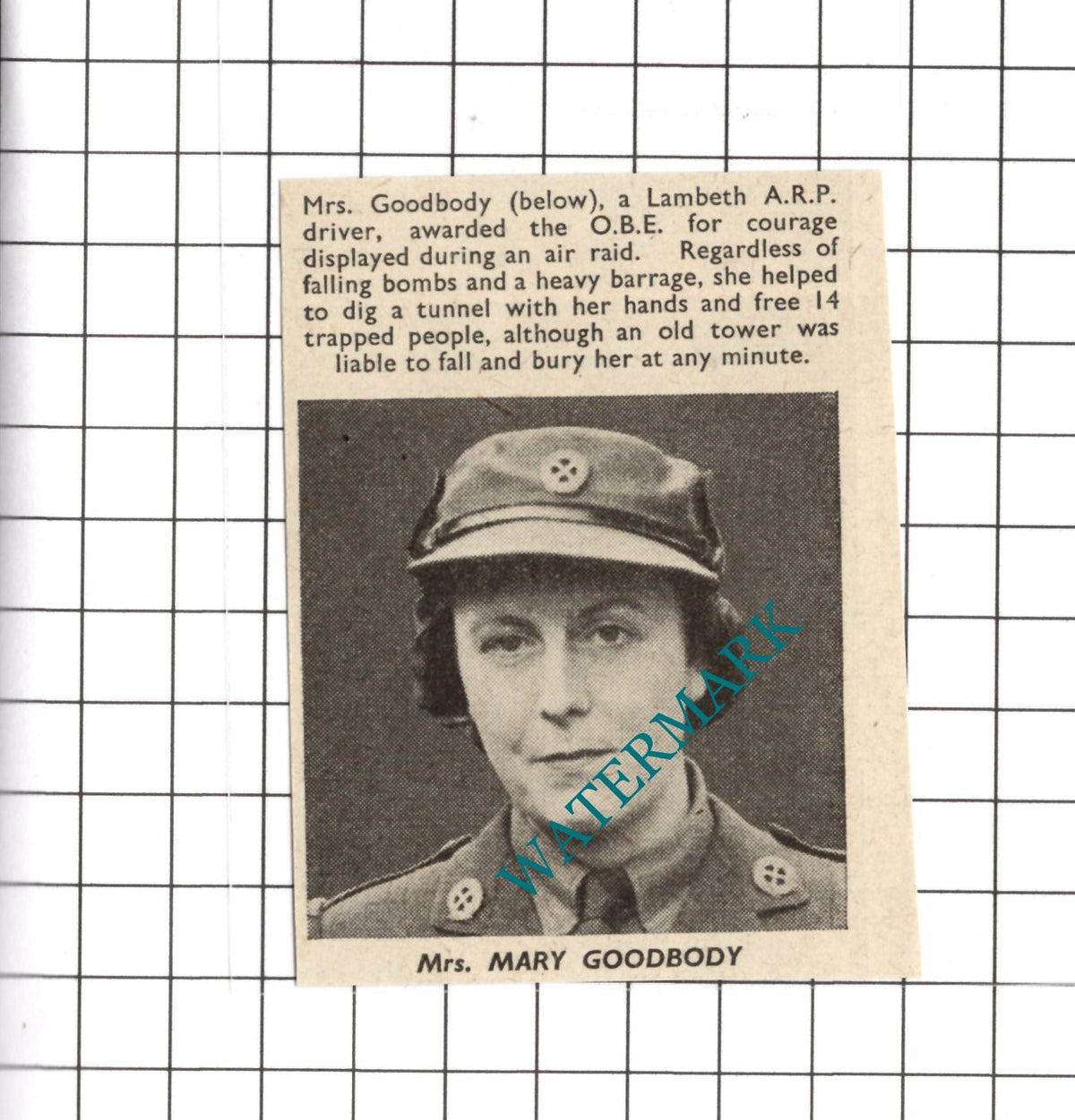 Mrs Mary Goodbody Lambeth ARP World War Two WW2  - 1941 SMALL Clipping/ Print