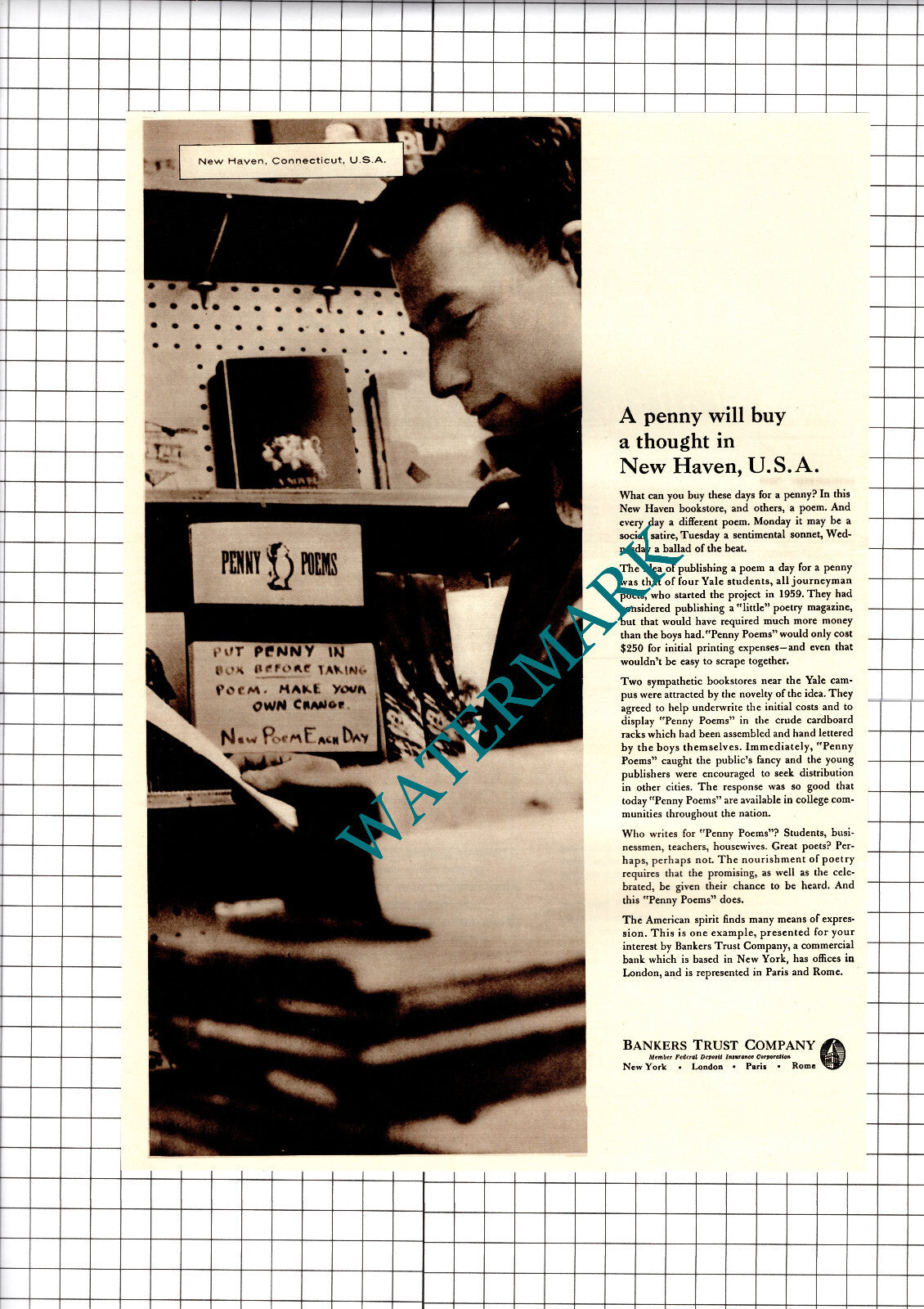 Penny Poems Bankers Trust Company Advert - 1961 Cutting /  Print