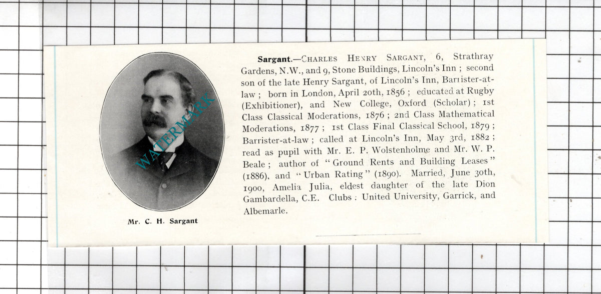 Charles Henry Sargant 6 Strathay Gardens London  - c.1905 Clipping