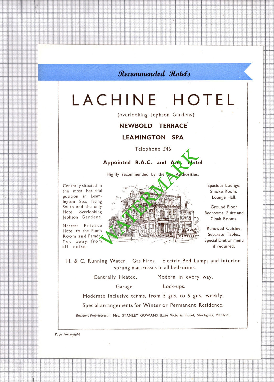 Lachine Hotel Leamington Spa  Gowans / Homewood Hotel Advert   1930s Cutting