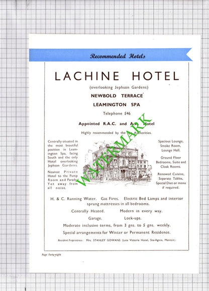 Lachine Hotel Leamington Spa  Gowans / Homewood Hotel Advert   1930s Cutting
