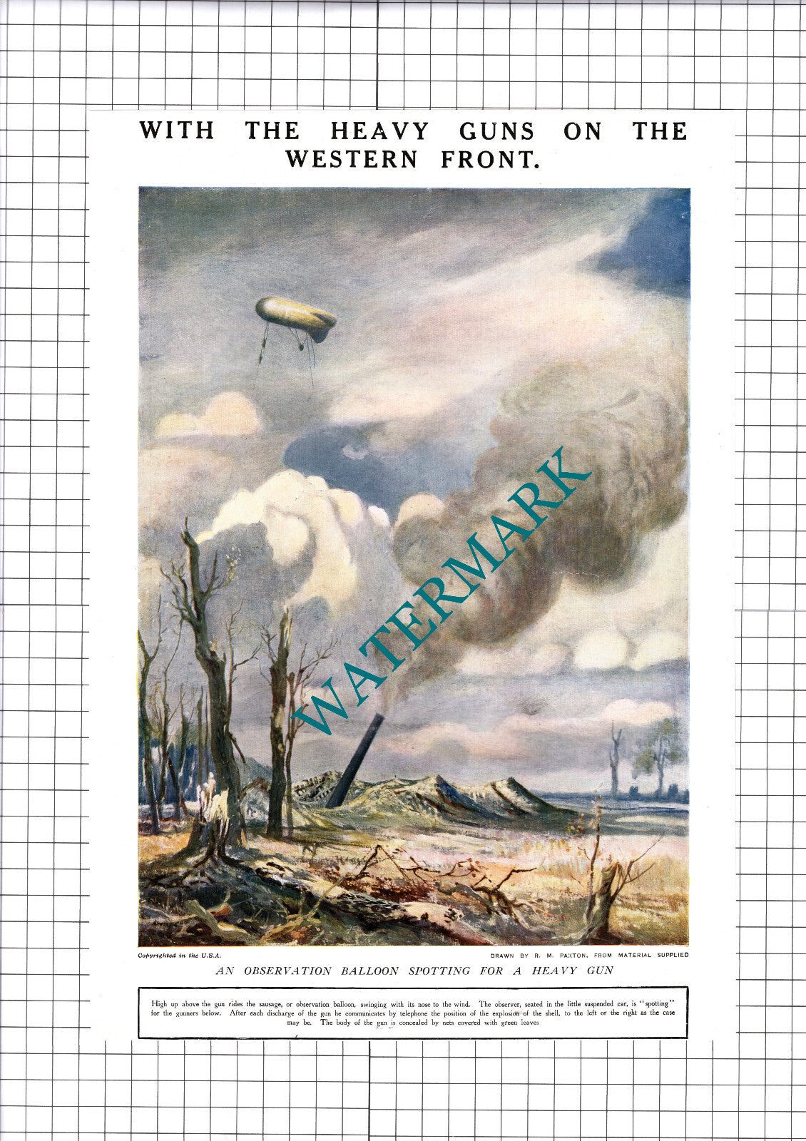 Observation Balloon Spotting Heavy Gun Great War WW1  - 1918 Cutting / Print