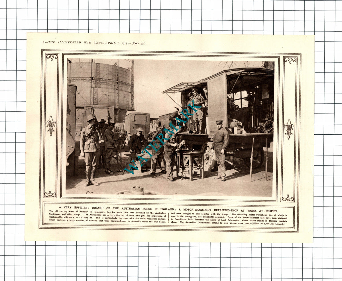 Romsey Hampshire Motor Transport Repair  Australians WW1 - 1915 Clipping / Print
