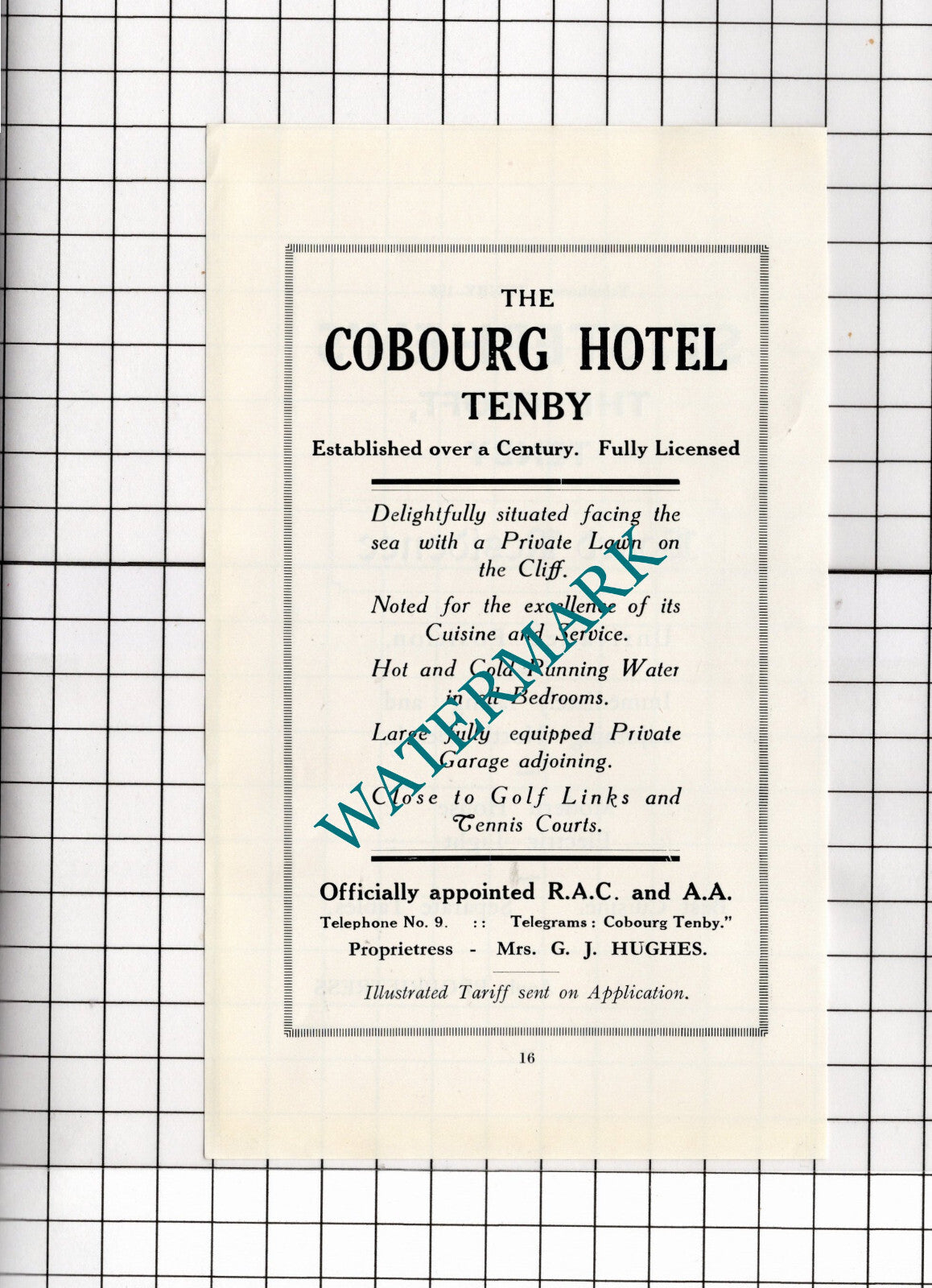The Cobourg Hotel Tenby Wales Mrs G J Hughes Small Advert - 1936 Clipping