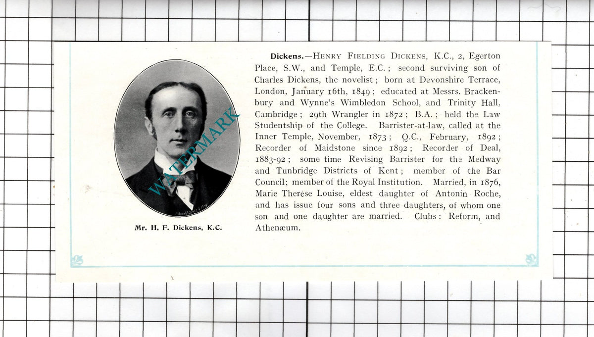 Henry Fielding Dickens 2 Egerton Place London  -  c.1905 Clipping
