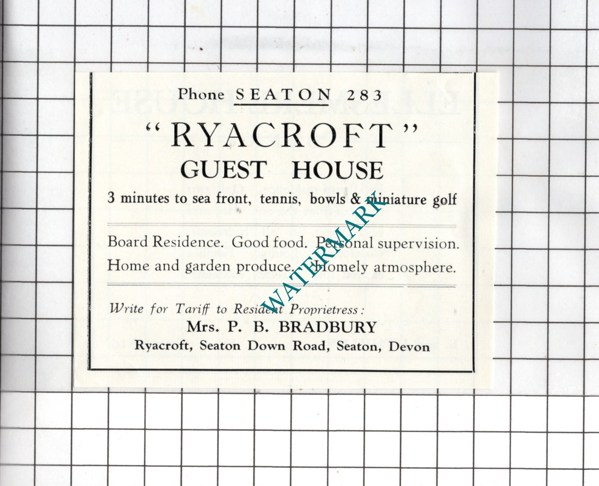 Ryacroft Guest House Seaton Devon / Ellesmere House Beer -  c.1954 Small Advert