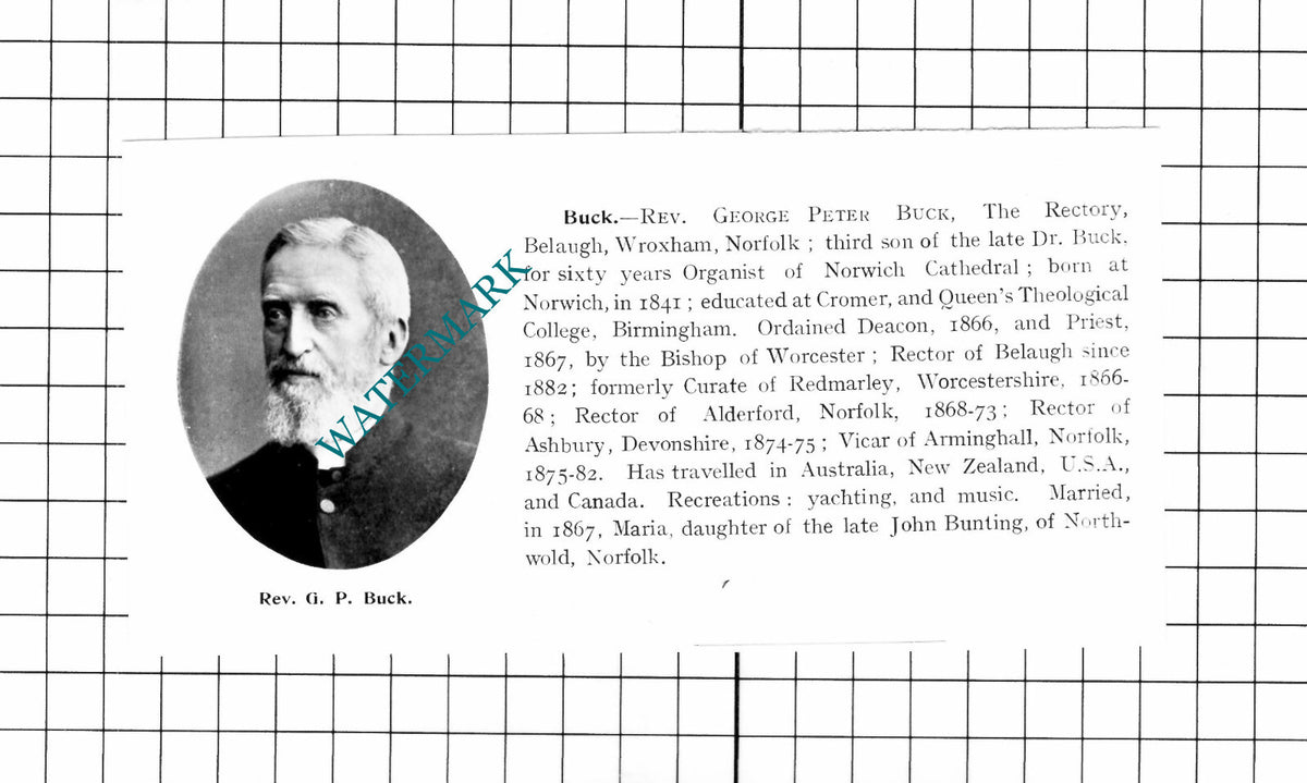 Rev George Peter Buck The Rectory Belaugh Wroxham Norfolk  - 1911 Clipping
