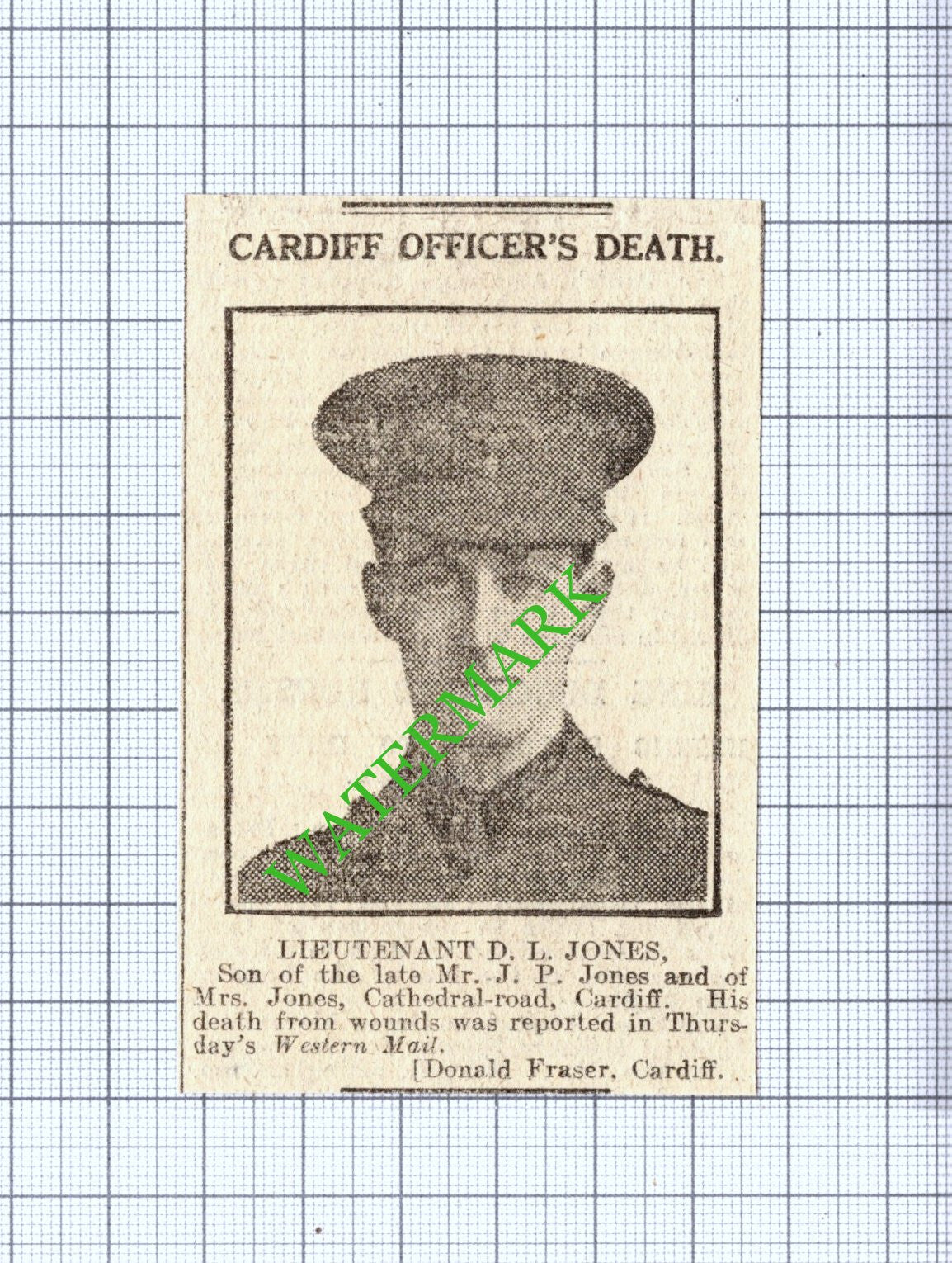 Lt  D L Jones Cardiff Wales Great War WW1  - 1916 Small News Cutting