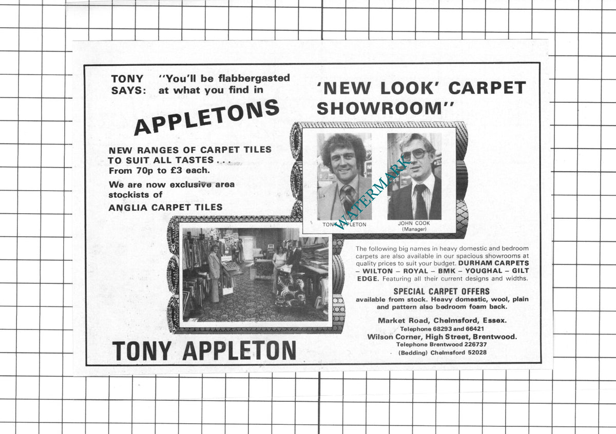 Appletons Carpets Tony Appleton John Cook Essex Advert  -  1978 Clipping