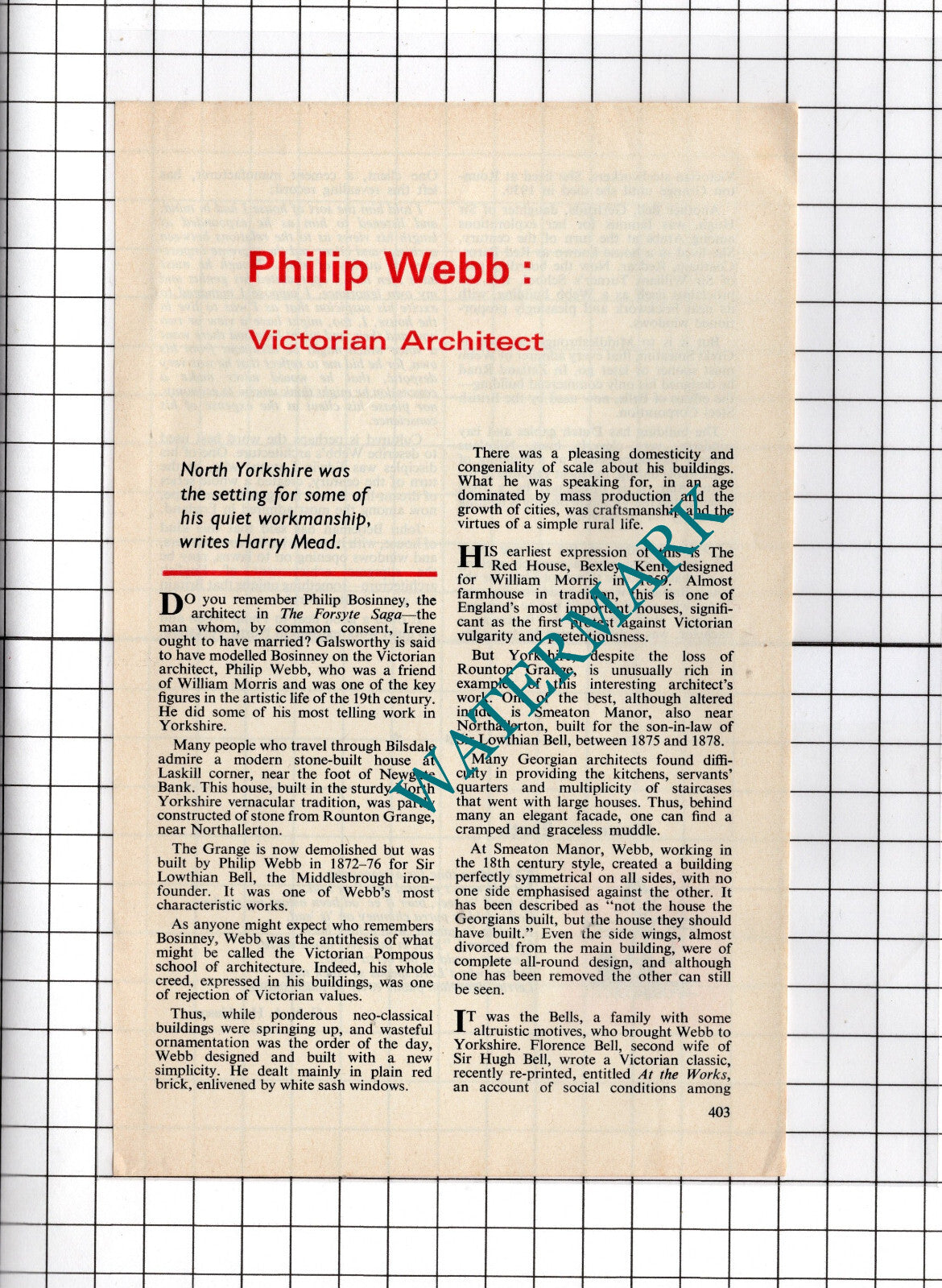 Philip Webb Victorian Architect - 1972 Small Article