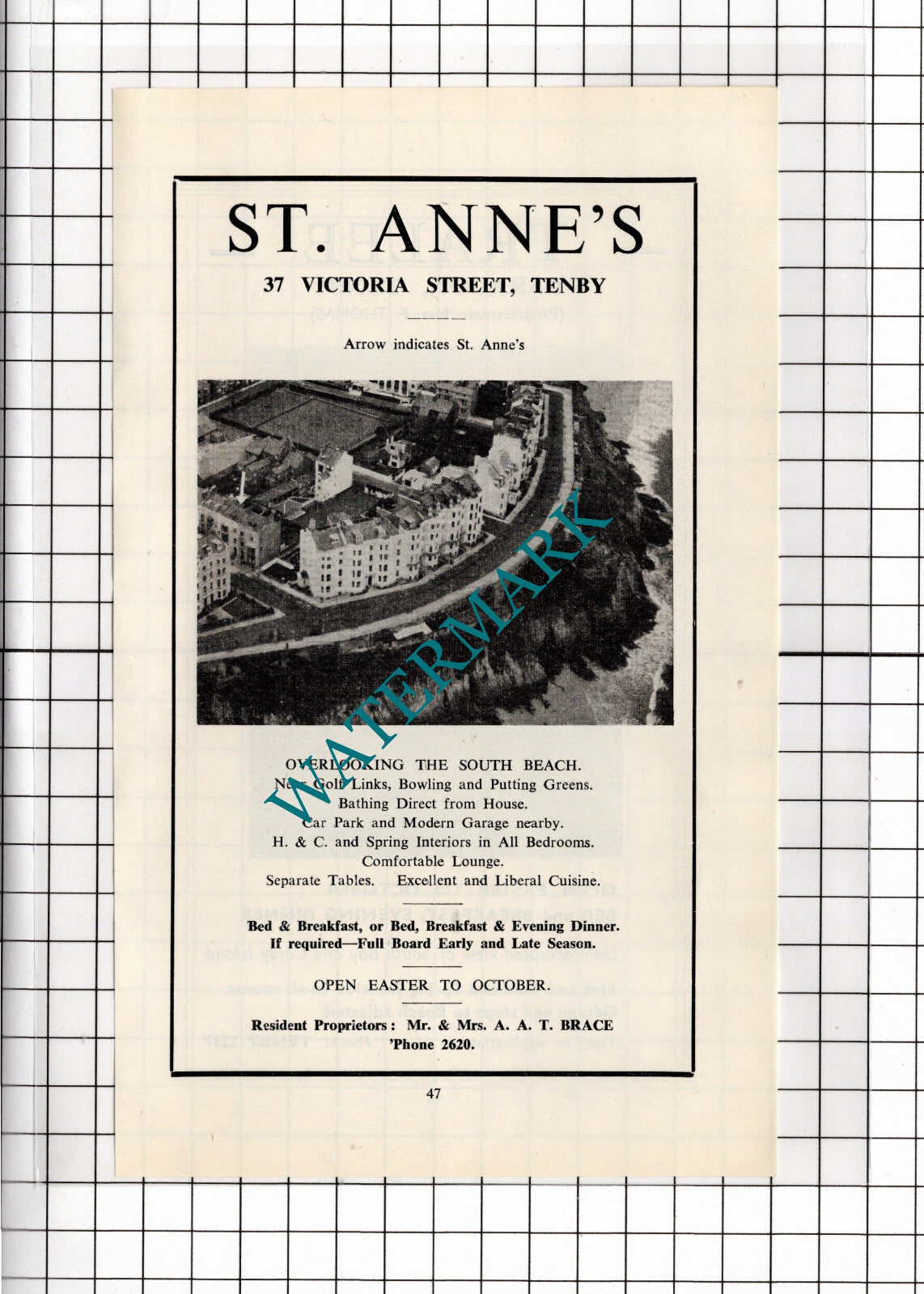 Tralee Paragon Tenby Wales Mrs Thomas /  St Anne's  Hotel Brace - 1962 ADVERT