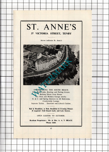 Tralee Paragon Tenby Wales Mrs Thomas /  St Anne's  Hotel Brace - 1962 ADVERT