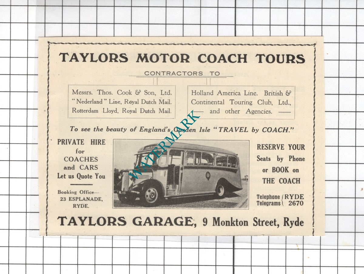 Taylors Garage Ryde Isle Of Wight Southern Vectis Omnibus Co Ltd - 1938 Advert