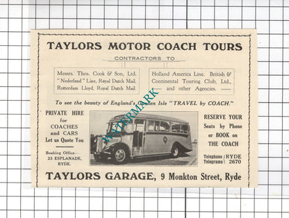 Taylors Garage Ryde Isle Of Wight Southern Vectis Omnibus Co Ltd - 1938 Advert
